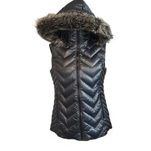 BCBG Gunmetal Grey Down Feather Puffer Fur Hooded Vest M
